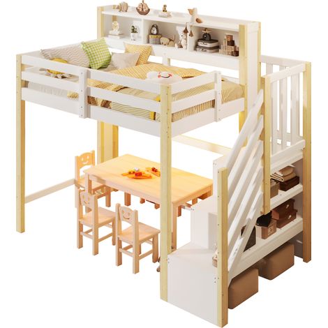 Lit mezzanine 90x200 avec led & grand espace sous le lit, escalier de rangement & étagères ouvertes, design gain de place , bois naturel et blanc (1/5)