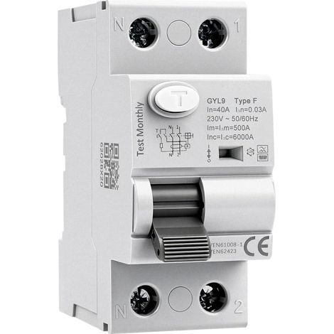 Disjoncteur Différentiel 40A 30mA type F Interrupteur Différentiel 2P AC230V Pouvoir de Coupure de 6 kA pour Charge monophasée à fréquence variable Climatiseurs Lave-linge Pompes Pompes à chaleur (1/5)