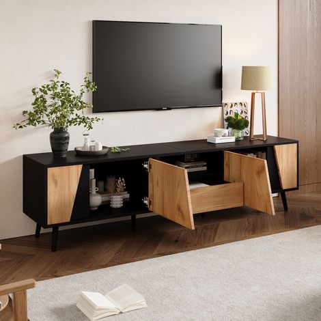Mueble de TV con 2 puertas y 1 cajón, apto para TV de 75 pulgadas, mueble bajo para salón/dormitorio, 180×40×46 cm, marrón+negro (1/5)