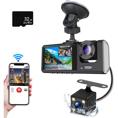 Caméra embarquée avec 3 caméras (avant et arrière), objectifs intégrés, vision nocturne 1080p + 720p + 480p, rétroviseur avec Wi-Fi intégré, carte mémoire 32 Go. (1/5)
