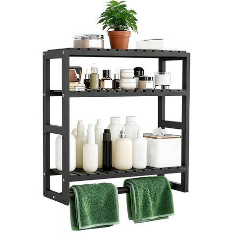 Étagère Murale 3 Niveaux 43 x 42 x 15 cm Étagère Murale Bambou Salle de Bain Support Salle de Bain pour Salon, Balcon, Cuisine (Noir) (1/5)