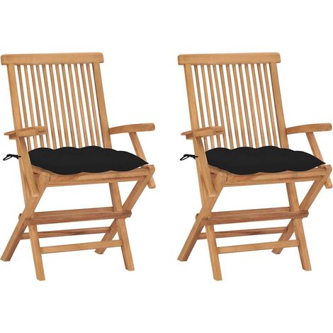 Chaises de jardin avec coussins-Chaise de terrasse-Chaise d'extérieur noir lot de 2 Bois teck massif (1/5)