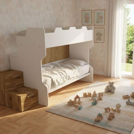 Letto a castello salvaspazio con scala a cassettoni e camminatoio - Bianco e Quercia