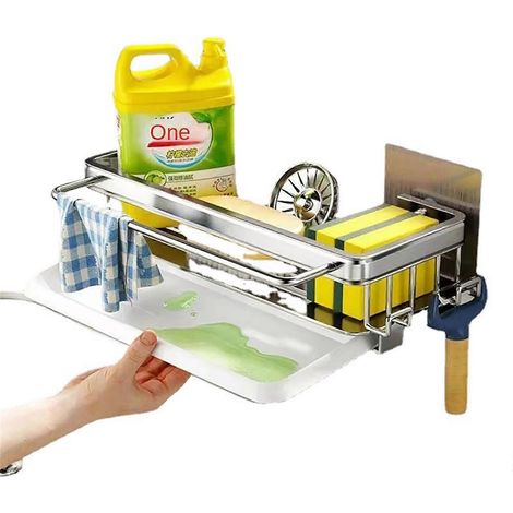 HONORNIC - Égouttoir d'évier en acier inoxydable, porte-éponge, porte-robinet, égouttoir à savon, porte-serviettes, étagère de rangement, accessoires de cuisine