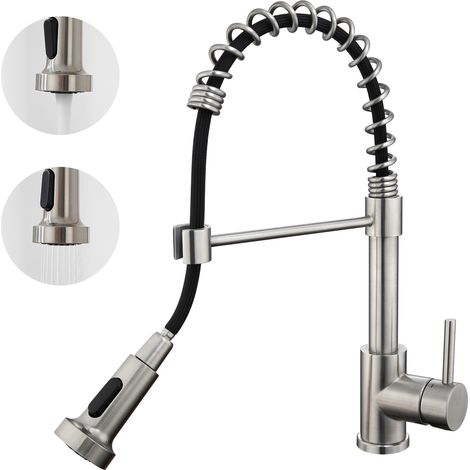 Auralum Mitigeur Cuisine à Ressort Spiralé avec 2 Fonctions Douchette Robinet d'évier Rotatif 360° en Inox 304 pour Cuisine, Brossé (1/5)