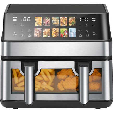 Friteuse à air chaud à double compartiment avec hublot, 10 programmes de cuisson, cuisson sans huile, four à air chaud avec écran tactile, friteuse à air chaud à 2 compartiments avec écran tactile, te (1/5)