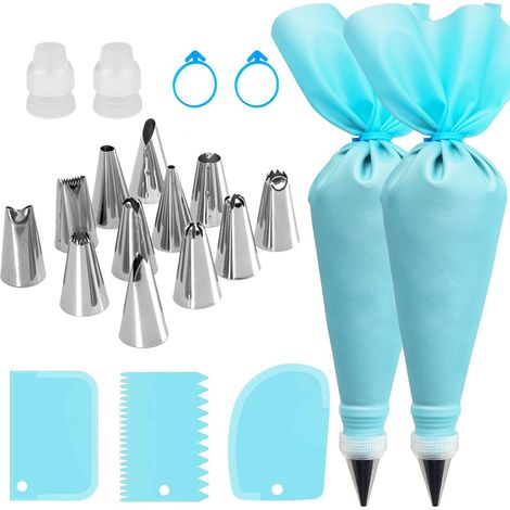 21-teiliges Set (blau), inklusive Spritzbeutel und Tüllen, zum Dekorieren von Kuchen. (1/5)