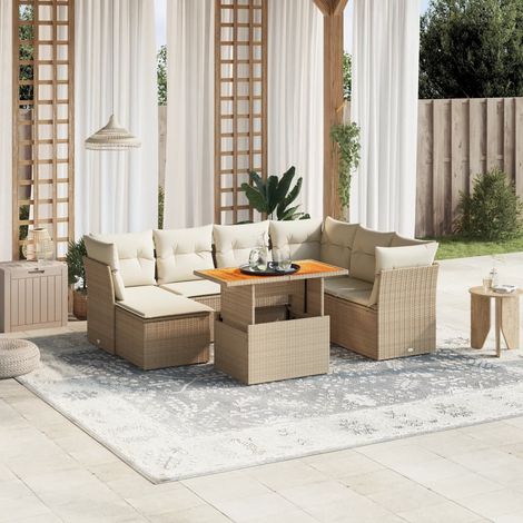Ensemble Salon Jardin 8 Places Résine Tressée Beige avec Table Modulable et Coussins Détachables (1/3)