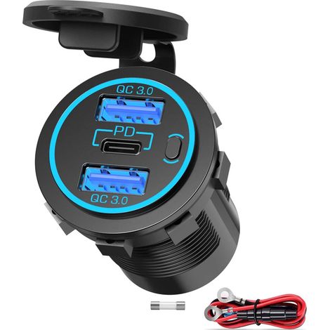 1 Prise double USB-C 12 V, compatible QC PD, encastrée, étanche, pour voiture, camping-car, bateau (1/5)