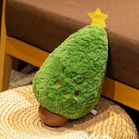 Coussin Peluche Forme Arbre De Noël - Vert avec Étoile Dorée et Visage Mignon - Décoration Canapé - Lavable en Machine - 35 cm - 1 Pièce (1/5)