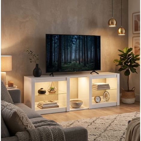 Mobile TV 160 x 35 x 52 cm con LED RGB, ripiani in vetro regolabili, bianco HAVRYA (1/5)