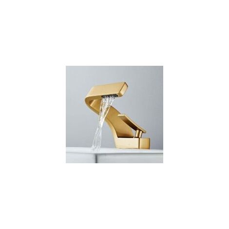 Grifo moderno tipo cascada para lavabo de baño, mezclador de agua fría y caliente con acabado en cobre dorado.