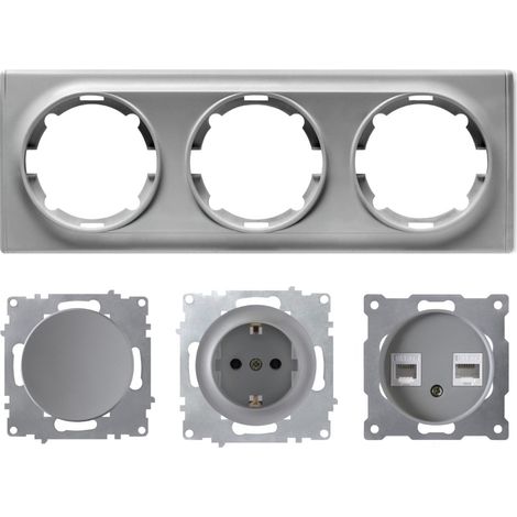 Plaque de finition 3 postes Florence + 1 Prise avec terre + 1 Interrupteur simple + 1 Prise RJ45 - gris