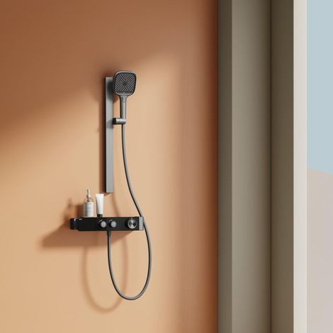 EMKE Colonna doccia Termostatica, Regolazione del flusso d'acqua, Doccia a mano 3 funzioni, Design modulabile per tutti gli spazi, 355x150x1150 mm, Antracite Opaco, Installazione Flessibile (1/5)