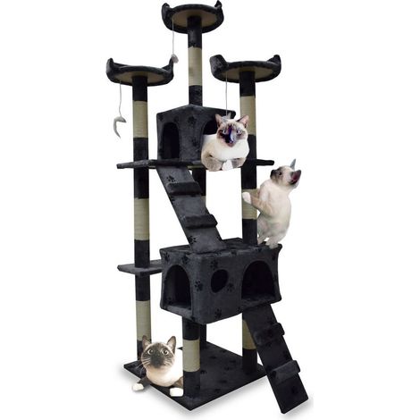 XL Katzen Kratzbaum Dunkelgrau Pfote Katzenbaum Katzenhaus Katzenturm Sisal Plüsch Kratzsäule 170cm 3 Etagen Plüsch Sisal 2 Schlafhöhlen