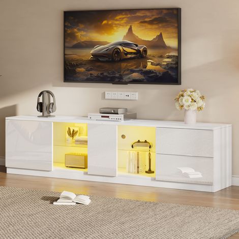 Mueble TV 160x40x52 cm de MDF blanco con almacenaje y LED para salón FLORAGRACE (1/5)