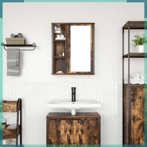 Armoire murale de salle de bain - 861904 - chêne fumé - miroir intégré - 3 étagères (1/5)