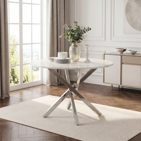 Mesa de comedor redonda 80x80x75 cm, sobre con efecto mármol, patas cromadas, diseño cruzado, MDF, blanco y plata (1/5)