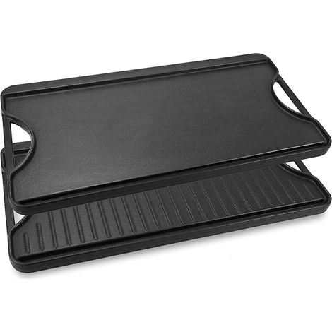 Gourmet-Plancha (50,8 cm x 26,5 cm), wendbare Gusseisen-Kochplatte, vorbehandelt und 2-in-1-Grillpfanne mit griffigen Griffen zum Grillen mit Holzkohle (1/5)
