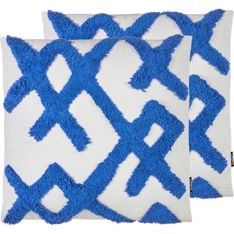 Conjunto de 2 cojines decorativos de algodón con formas geométricas cuadrados 45 x 45 cm funda extraíble azul y blanco Hazel