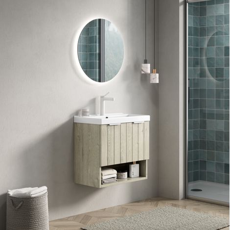 Mobile bagno sospeso 55 cm con lavabo ceramico bianco e 2 ante, rovere chiaro (1/5)