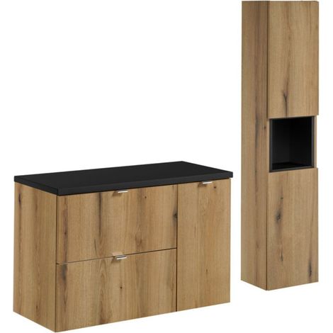Set da bagno VANO effetto rovere e nero 120cm: mobile sottolavabo con cassetti e armadietti + piano per lavabo + colonna
