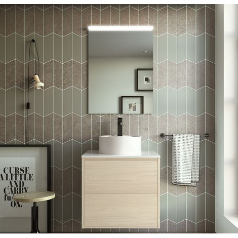 Mobile bagno sospeso 60 cm 2 cassetti in legno nordick con lavabo d'appoggio - Olympus - 60 cm Con Doppia colonna Specchio e Lampada Led - Accessorio: Con specchio e lampada LED - Misura: 60 cm (1/5)