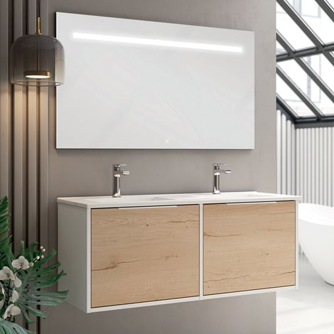 Meuble de salle de bain double vasque - 2 façades et 4 tiroirs - ALBA et miroir Led STAM - 120cm (1/3)