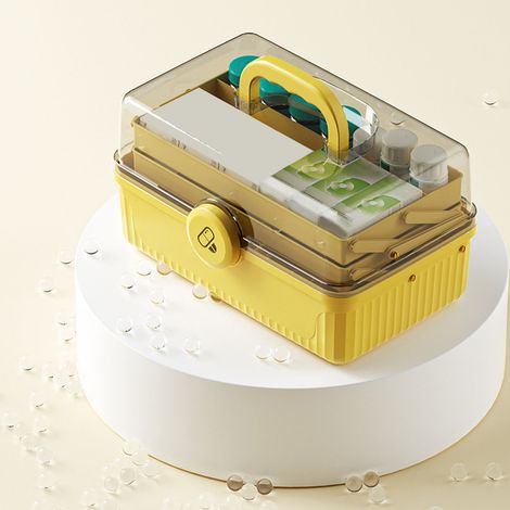 Trousse de premiers secours portable, multicouche et de grande capacité pour usage domestique, boîte de rangement médicale en plastique, jaune citron. (1/5)