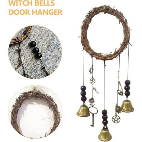 2 Pièces Carillon a Vent Exterieur Cloches de Sorcière Rotin + Corde de Chanvre + Alliage + Placage de Fer Sorcellerie à la Or (1/5)