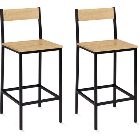 Idmarket – Lot de 2 tabourets de bar avec dossier – Hauteur d'assise 65 cm – Structure métal et assise MDF – Style industriel bois et noir