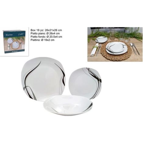 Servizio di Piatti da Tavola in Ceramica Quadrato Strisce Nere 18 Pezzi