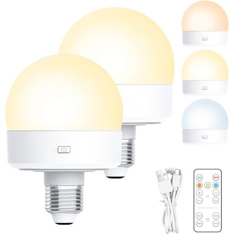 Lot de 2 Ampoule Rechargeable avec Télécommande, 3 Températures de Couleurs Luminosités Réglables, Ampoule Sans Electricite pour Lampes non Câblées, Décoration Intérieur
