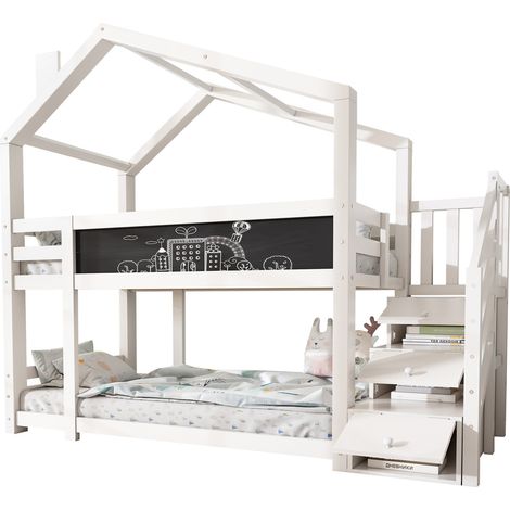 Lit superposé cabane enfant 90 x 200 cm, avec tableau noir, rangements d’escalier et sécurité EN 747-1:2024, blanc, bois de pin et MDF  CHICFURN (1/5)