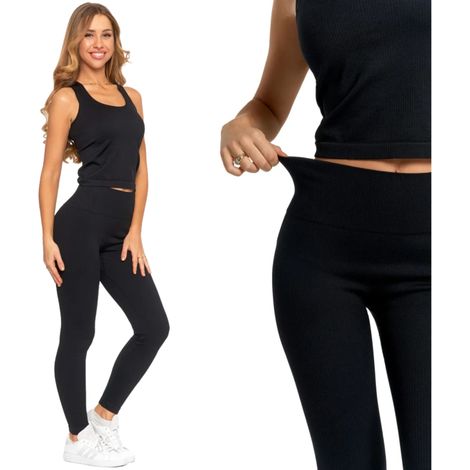Leggings sportivi da donna a coste con vita alta, modello Moraj, taglia S/M, colore nero. (1/5)