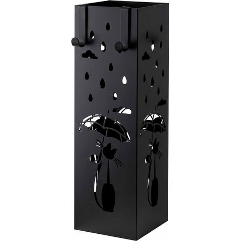 Portaombrelli In Metallo Con Decorazione Gatto Vaschetta Scolapioggia Removibile E 2 Ganci Laterali Base Antiscivolo Stand Quadrato Design Per Ingresso Casa E Ufficio 49 x 15.5 x 15.5 Cm Nero