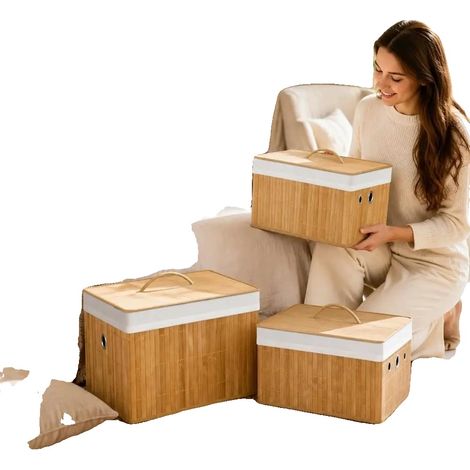 Cajas de almacenamiento de bambú, ecológicas, de fácil montaje, color marrón. (1/2)