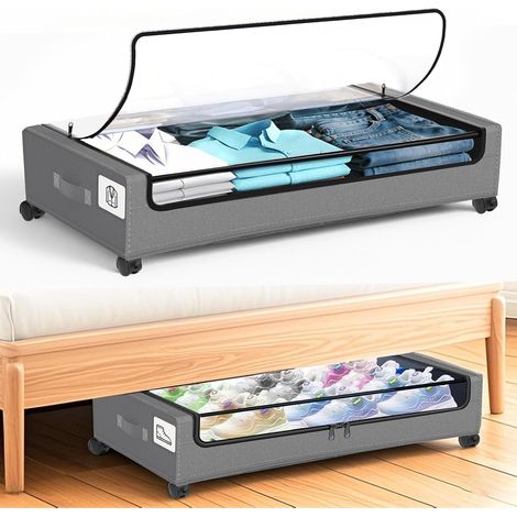 Lot de 2 Boîtes de Rangement Sous-Lit avec Roulettes - Tiroir de Sous-Lit avec Couvercle Transparent et Étiquettes - 48 L pour Vêtements, Couvertures, Chaussures (1/5)