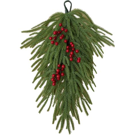 Jeffergarden Sapin de Noël mural en caoutchouc souple imitant des aiguilles de pin de Norfolk (sapin de Norfolk à l'envers, avec des baies rouges, 60 cm) (1/4)