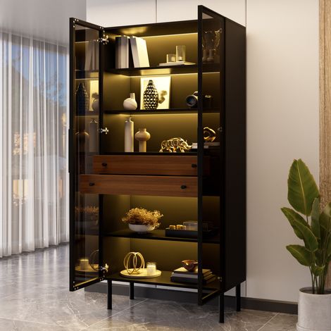 Schwarze Glasvitrine 70 x 36 x 170 cm mit LED und 2 Schubladen (1/5)