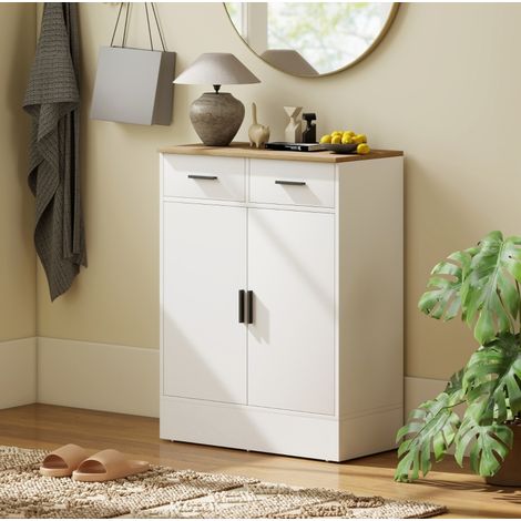 Credenza in legno bianco e finitura effetto legno naturale, 68,6x35x90,3 cm, con 2 cassetti e ripiano regolabile (1/5)
