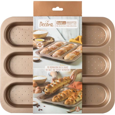 Decora, 0070105 Stampo Gold Line Baguette, 3 Cavità da 34,3 x 7,8 x 3 cm, Ideale per preparazioni dolci e salate, In Robusto Metallo Antiaderente (1/5)