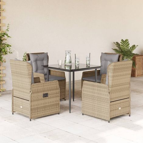 Salon de jardin 5 pièces avec coussins, polyrotin beige, table noire, fauteuils inclinables - PANGIVO (1/5)