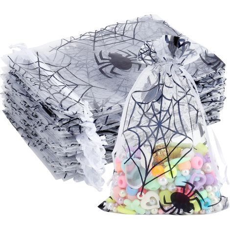 Lot de 50 sacs à cordon en organza Halloween 10x15cm imprimés toile d’araignée, pochettes cadeaux pour enfants (1/5)