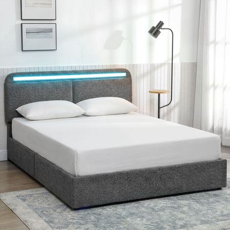 Lit à coffre 140x190cm, tête ajustable, sommier lattes bois, éclairage LED intégré, cadre double gris, literie maline et pratique. (1/5)