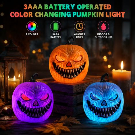 Lanterne citrouille LED à dégradé 5 couleurs, visage effrayant avec crocs, lampe citrouille d'Halloween à piles, décoration de table effrayante pour la maison et les fêtes. (1/5)