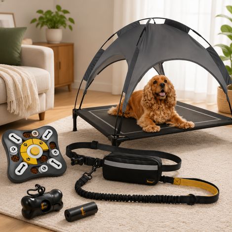 Dog Accessories Set (3-Piece) – Covered Elevated Bed, Interactive Treat Toy & Hands-Free Running Leash