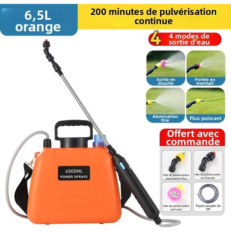 Pulvérisateur Électrique Portable 6.5L à Dos avec Lance Télescopique - Autonomie 120 Min, Pulvérisateur à Dos Rechargeable, Recharge USB Type-C (Harnais + 3 Buses) pour Jardin/Plantes (couleur orange) (1/4)