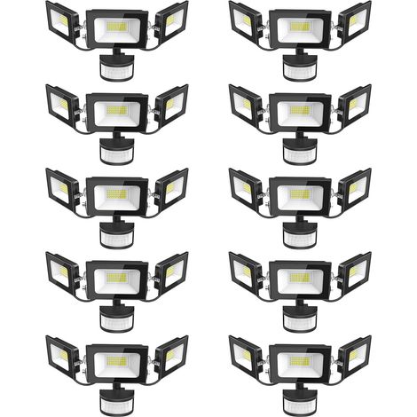 Projecteur LED Détecteur de Movement - 100W 10000LM Ultra Lumineux 3 Tête Spot LED Extérieur, IP65 Etanche Éclairage de Sécurité Extérieur PIR pour Cour Porche Jardin Garage, 10 Pack (1/5)