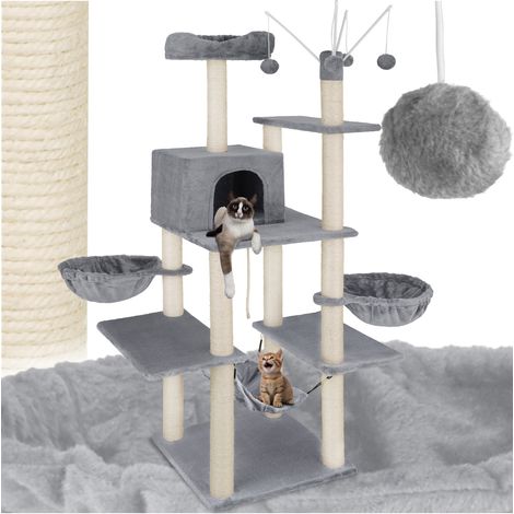 Arbre à chat pannau de fibres 165 cm avec griffoir corde en sisal gris